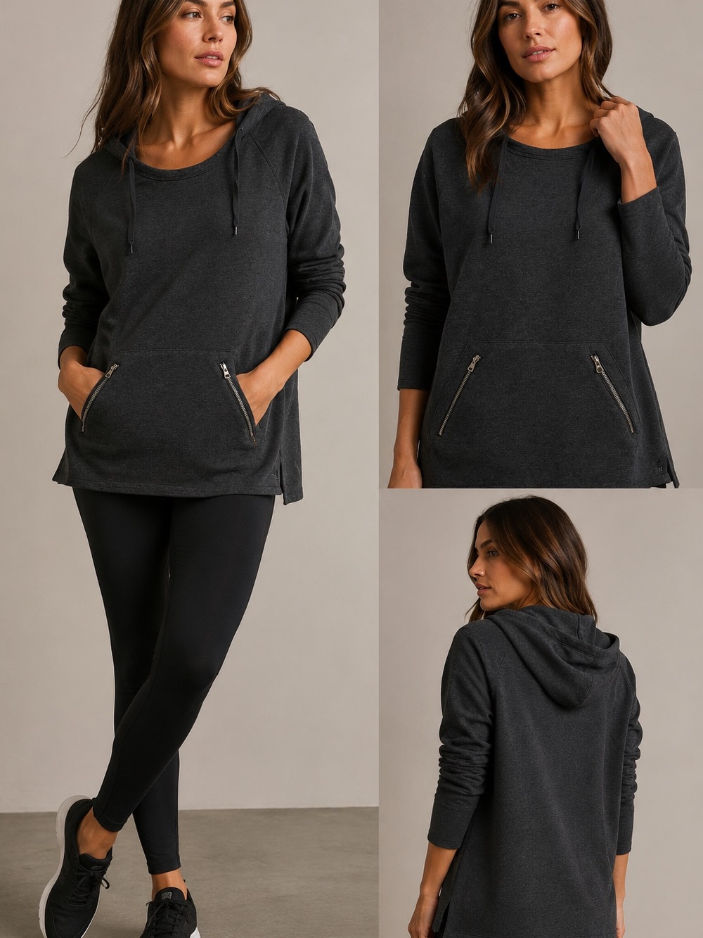 MNY Marc New York Performance Charcoal Hoodie Tunic Zip Pocket Pullover Large